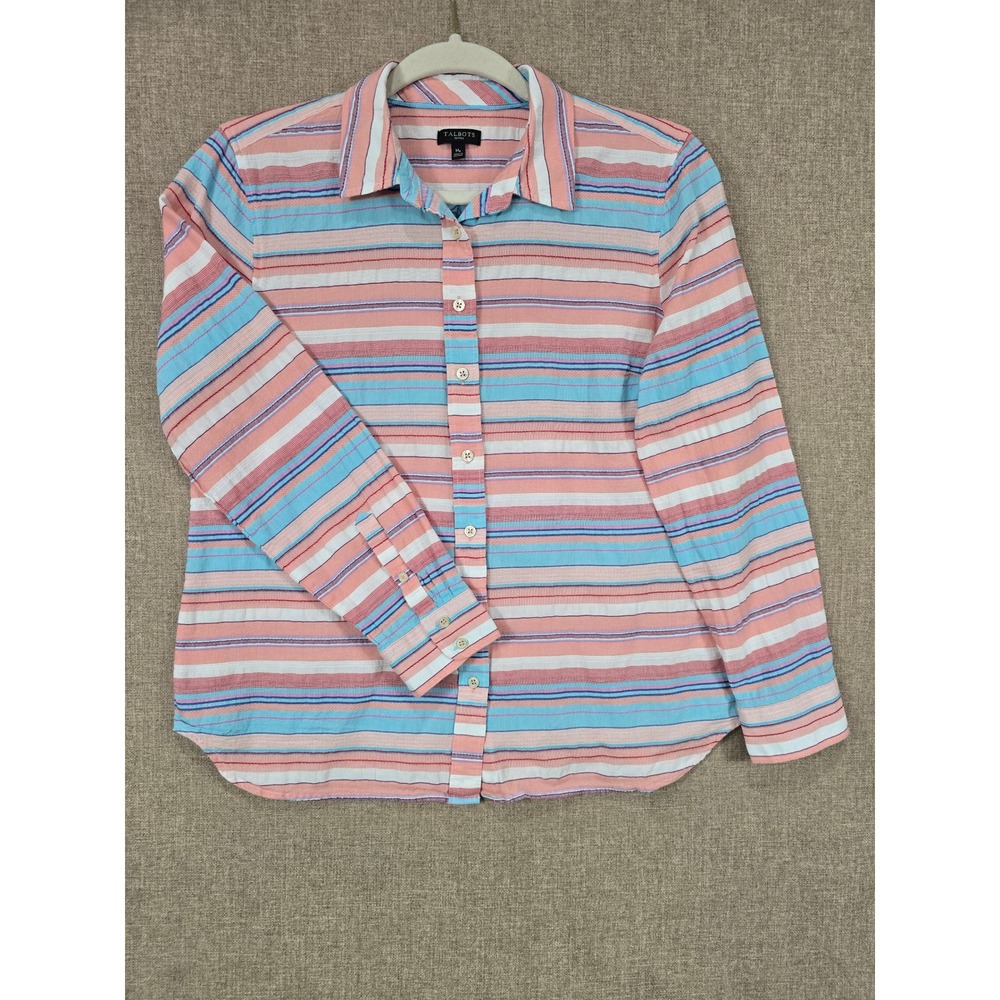 Talbots Petites Pink Blue Striped Cotton Button Down Shirt Size MP